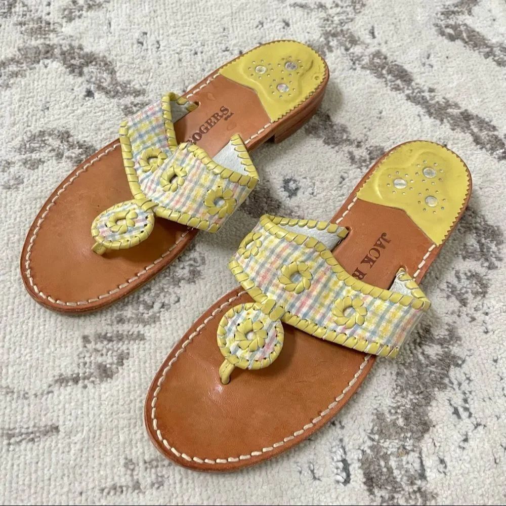 Jack Rogers Navajo Yellow Pastel Multi Plaid Leather Flip Flop Sandals 9